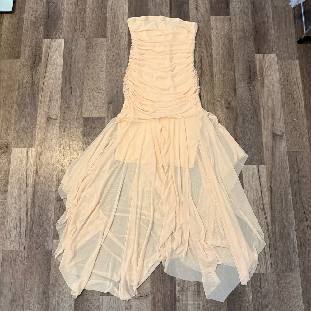 Yellow Strapless Ruched Asymmetrical Chiffon Dress Fairycore Y2K Costume XS